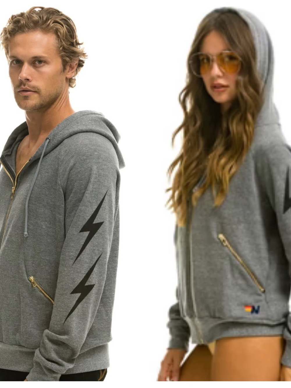 Aviator Nation Gray Zip Hoodie with Black Lightning Sleeves